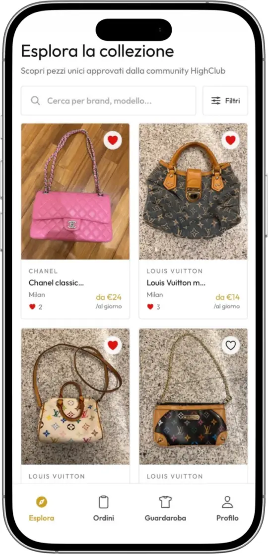 Schermata dell'app HighClub: esplora la collezione